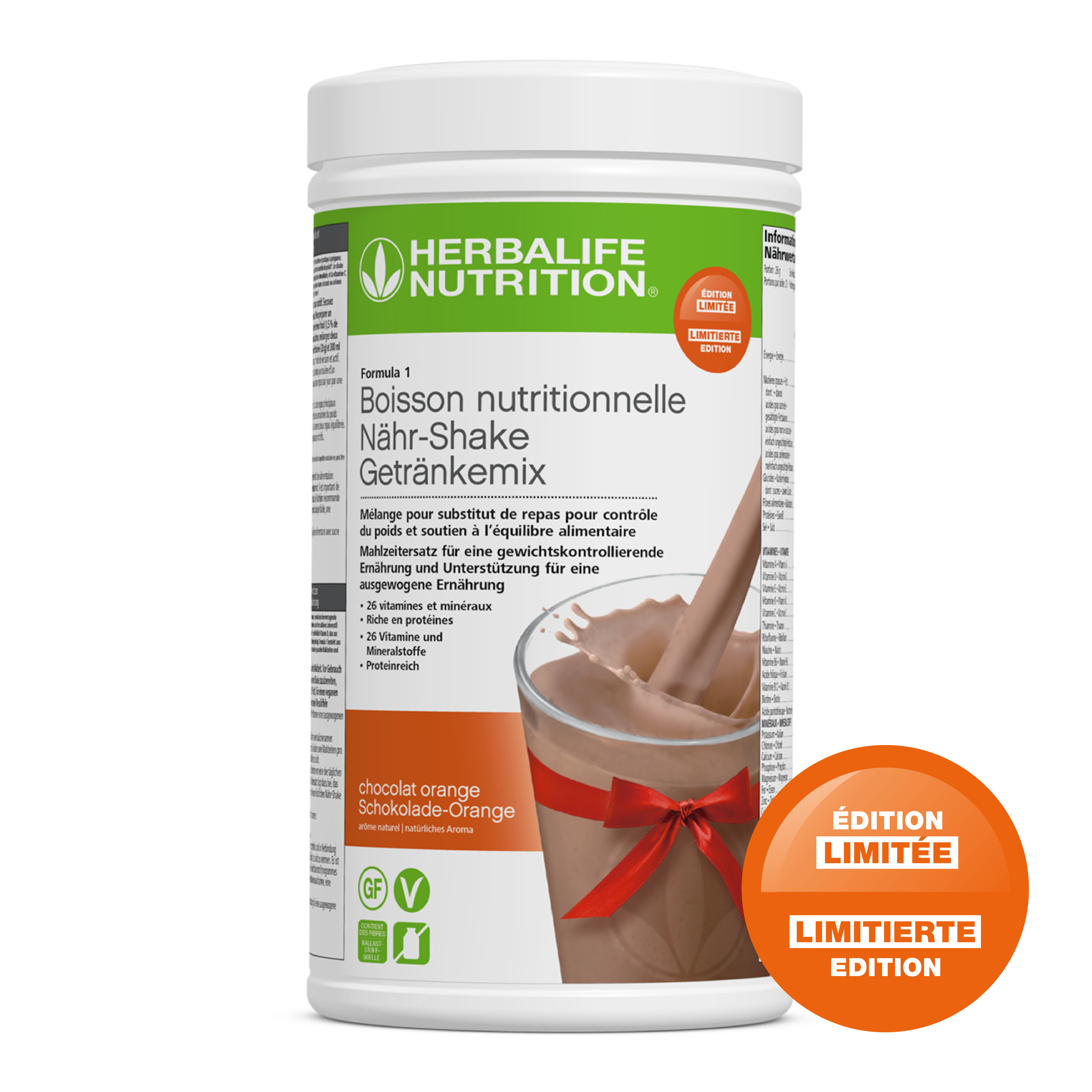 F1 Schokolade-Orange Limitierte Edition ist ein Mahlzeitersatz-Shake mit hohem Proteingehalt. Protein trägt zur Zunahme und zum Erhalt von Muskelmasse bei. Zudem enthält F1 Schokolade-Orange eine ausgewogene Mischung aus Vitaminen und Mineralstoffen sowie Fetten.