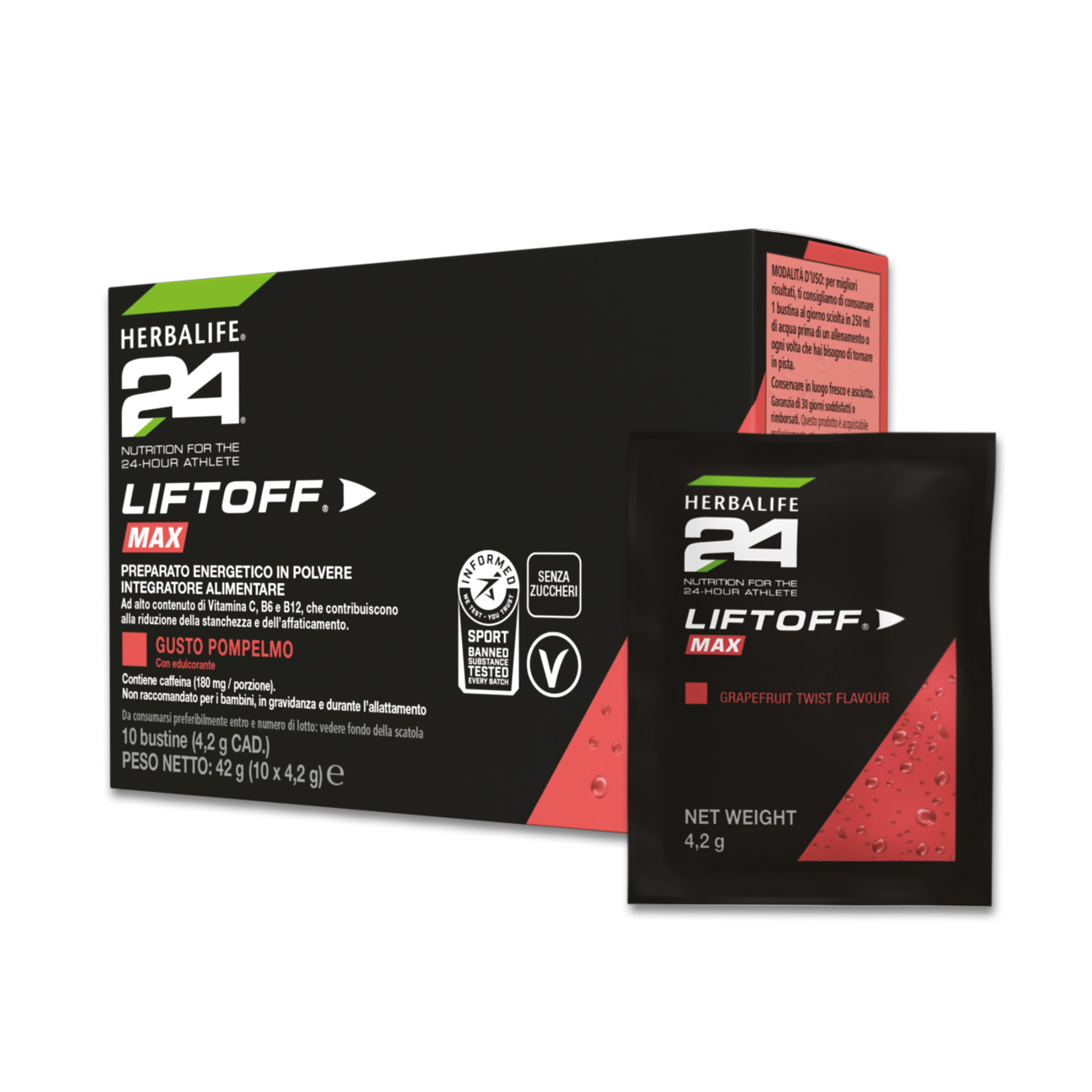 Herbalife24® LiftOff® Max è un integratore energetico senza zucchero contenuto in una confezione da 10 bustine singole ed è ottima da avere quando sei in movimento.
