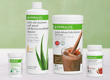 Nutritional products to prepare for a healthy breakfast including, shake, aloe tea and probiotic.
