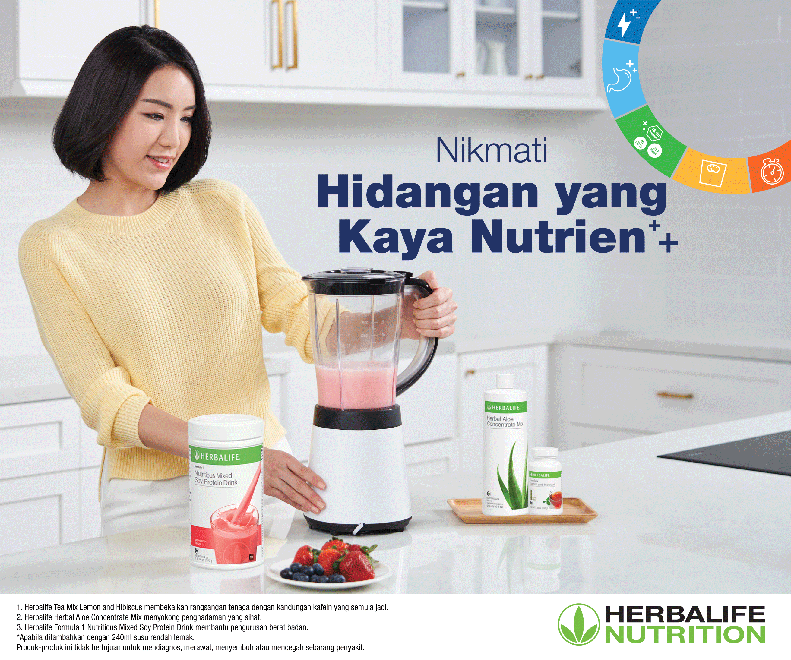 Herbalife Formula 1 Nutritious Mixed Soy Protein Drink kami kaya dengan nutrien, mengandungi 16 vitamin dan mineral, serta 18.6g^ protein. 