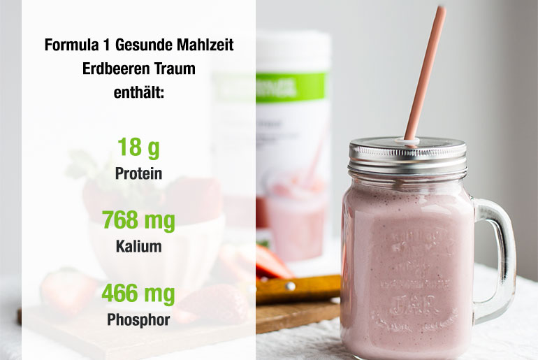 Protein, Kalium und Phosphor Mengenangaben für den Herbalife Nutrition Formula 1 Mahlzeitenersatz-Shake .