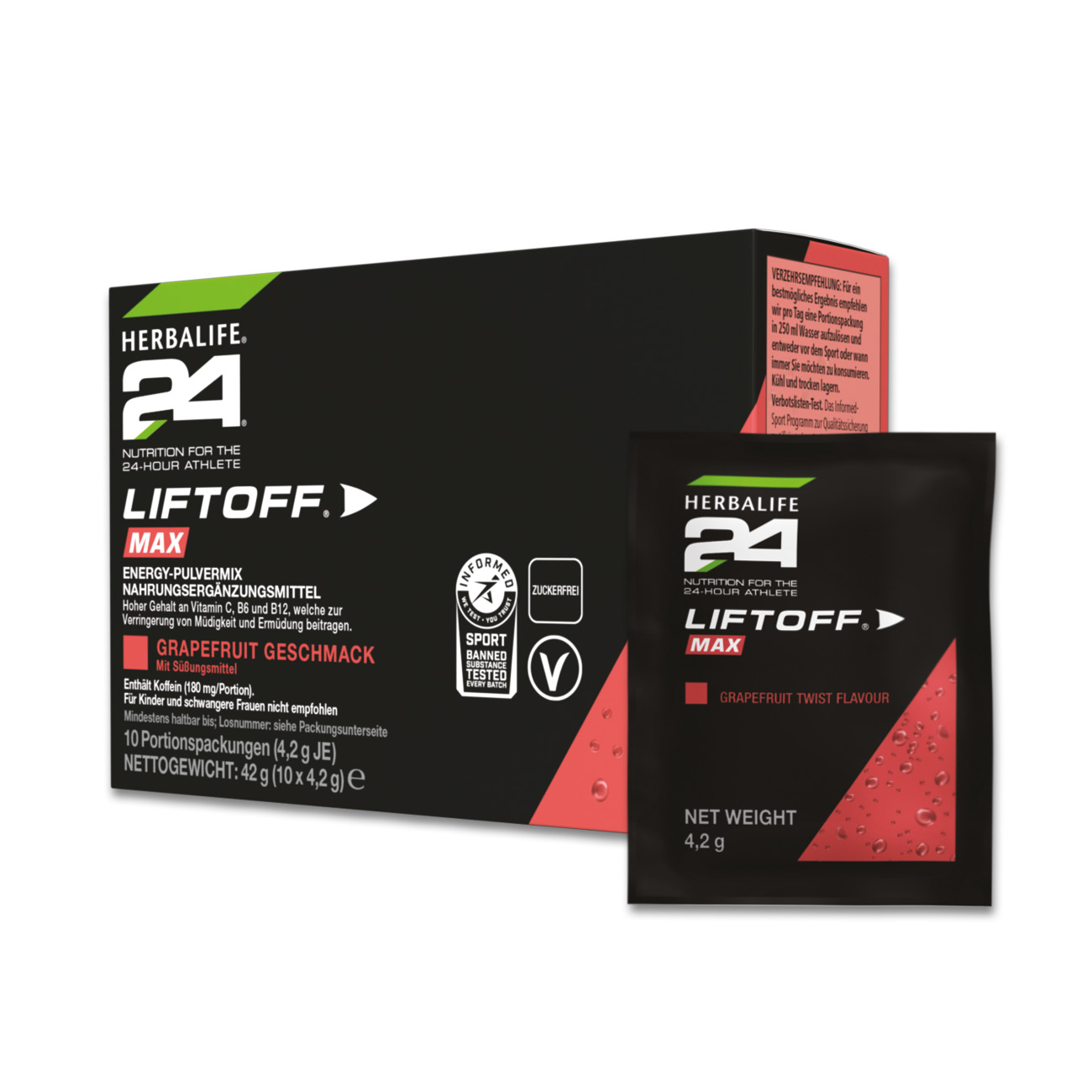 Herbalife24® LiftOff® Max ist als Karton mit 10 einzelnen Portionspackungen erhältlich und eignet sich so perfekt für unterwegs.