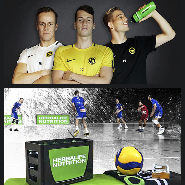 drei fussballspieler von bsc young boys und ein volleyballspiel mit herbalife nutrition branding