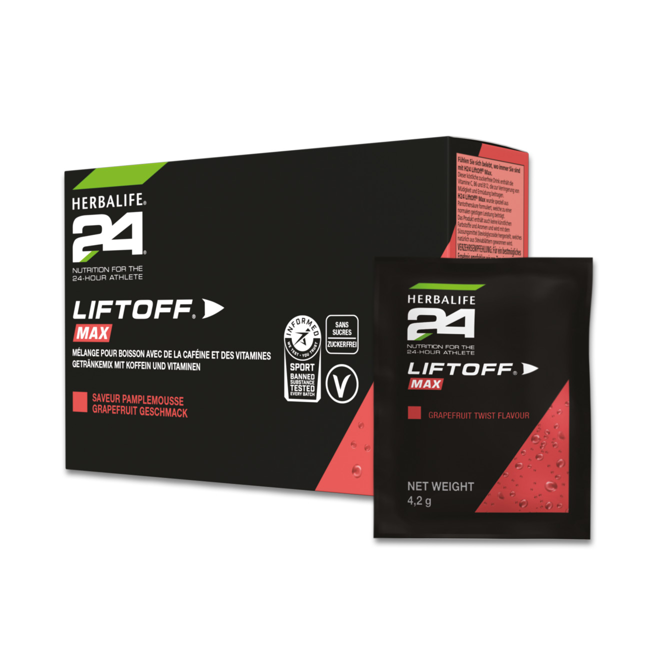 Herbalife24® LiftOff® Max ist als Karton mit 10 einzelnen Portionspackungen erhältlich und eignet sich so perfekt für unterwegs.
