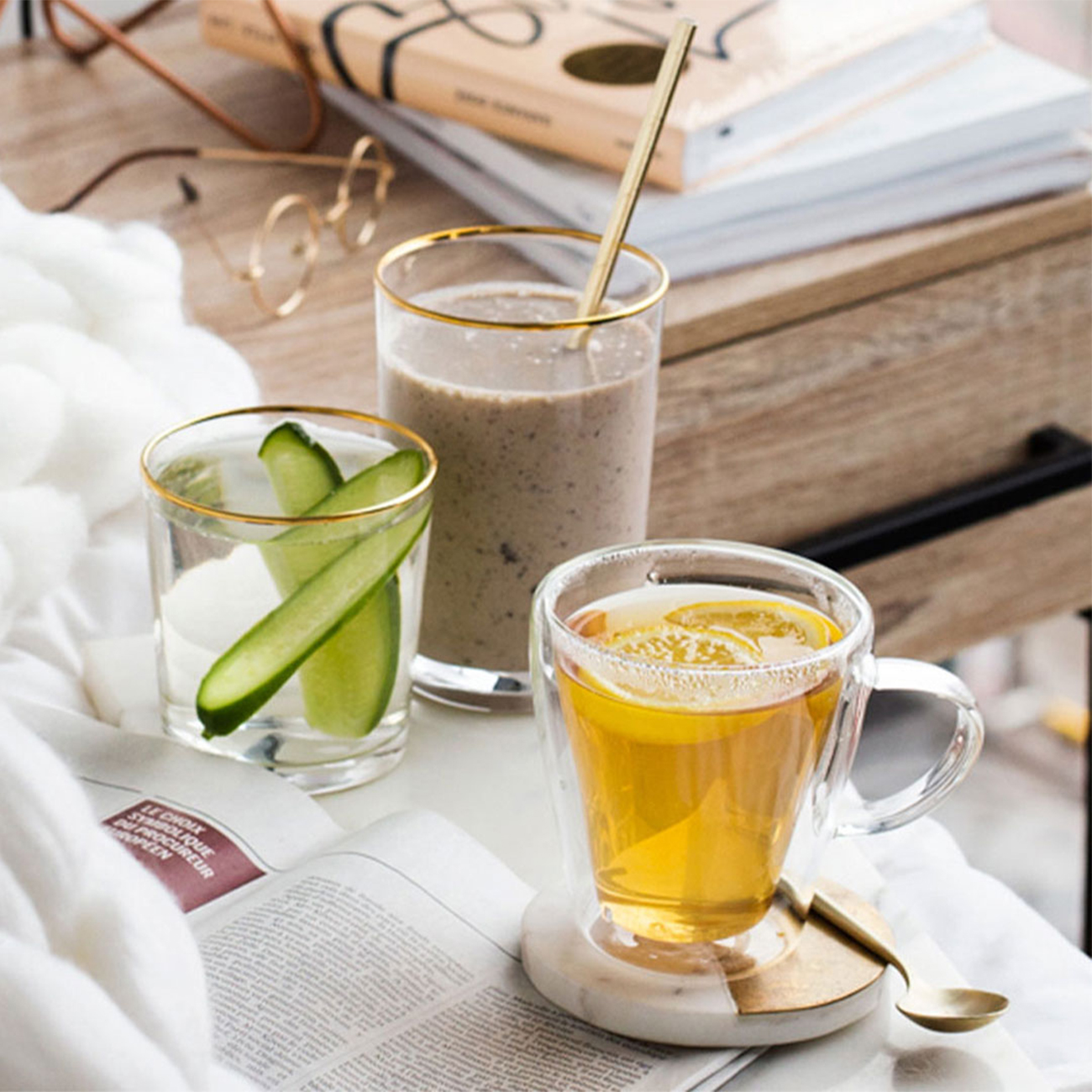 Healthy breakfast Formula 1 shake, herbal and aloe beverages in bed.
