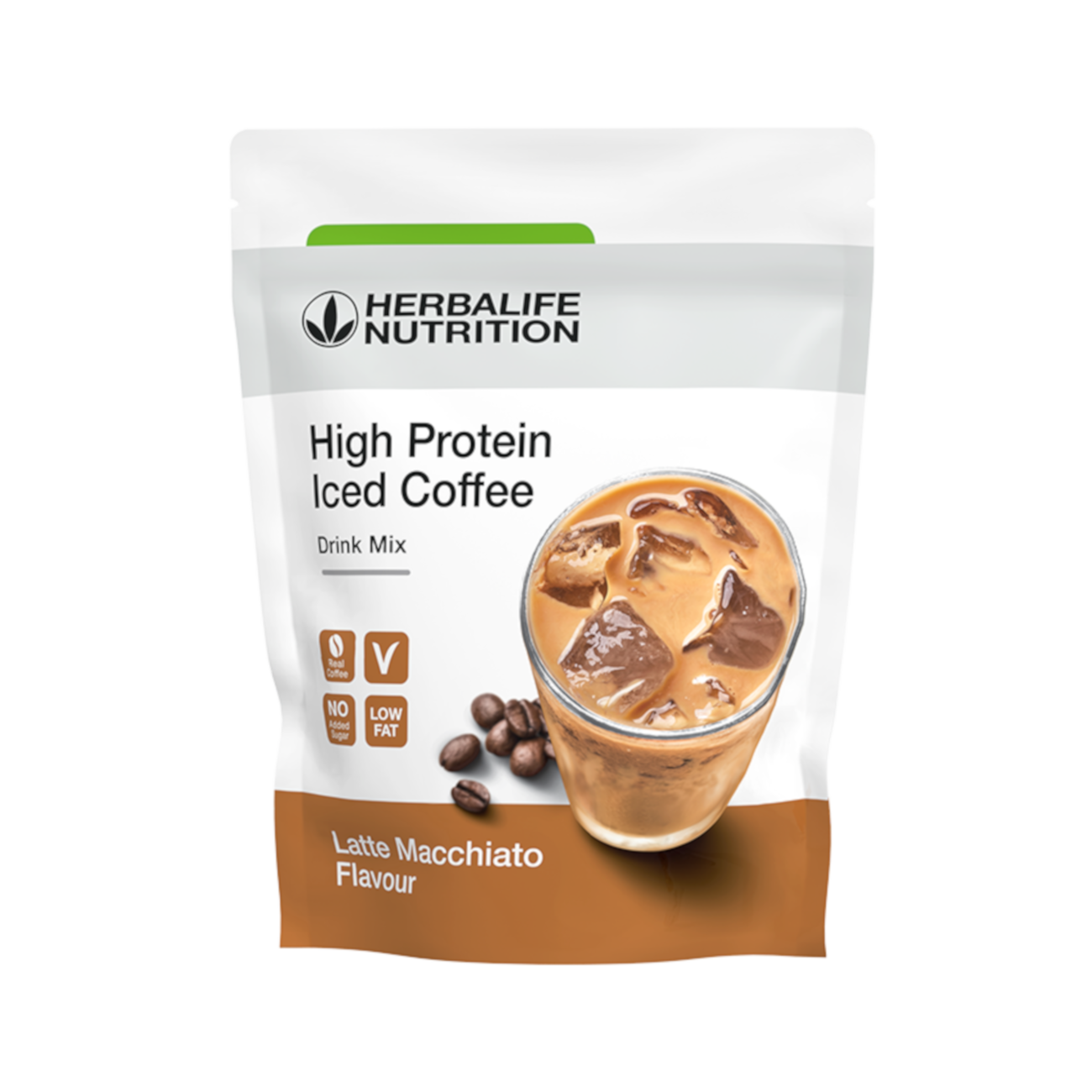 High Protein Iced Coffee  Latte Macchiato product shot.