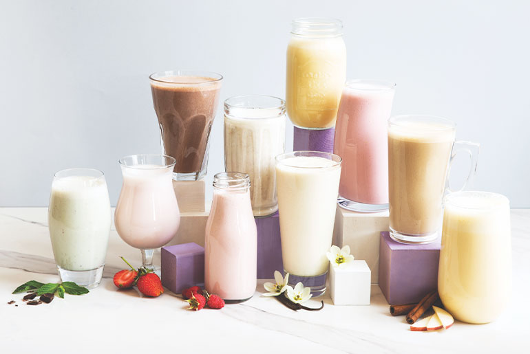 Head-on shot of Herbalife Formula 1 shakes served in various glasses
