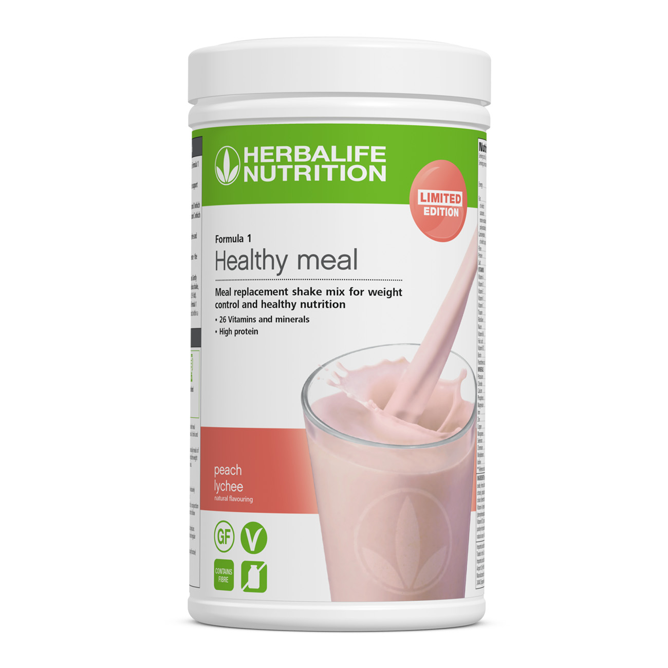 Limited edition F1 Peach Lychee flavour. It is a healthy meal replacement shake, high in protein and balanced with vitamins and minerals plus fats.