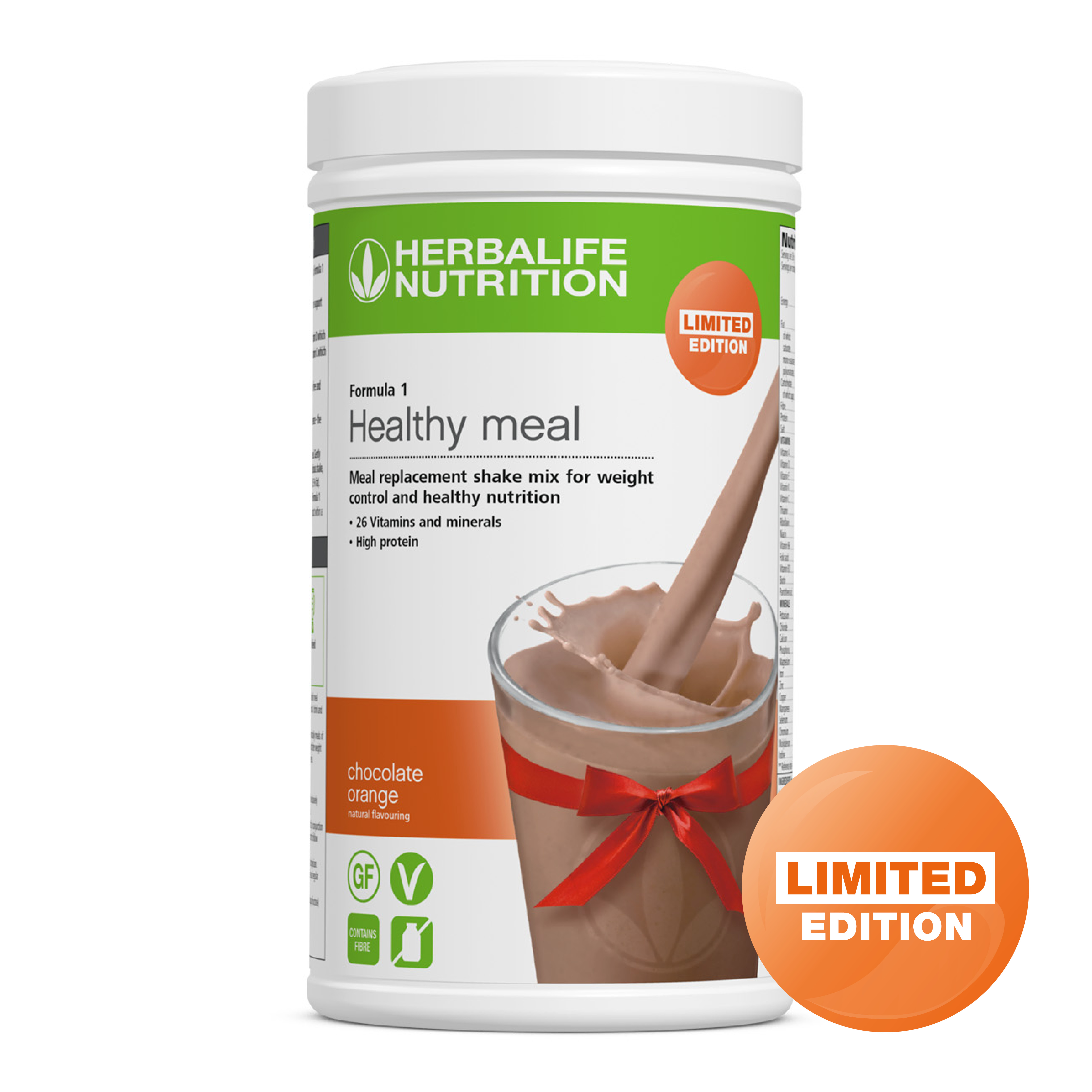 Limited edition F1 Chocolate Orange flavour. It is a healthy meal replacement shake, high in protein and balanced with vitamins and minerals plus fats.