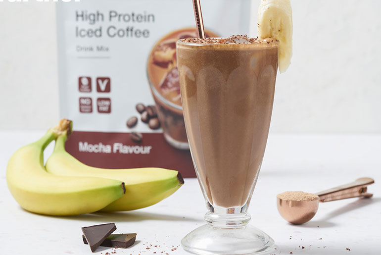 HPIC Mocha banana split high protein shake in a glass