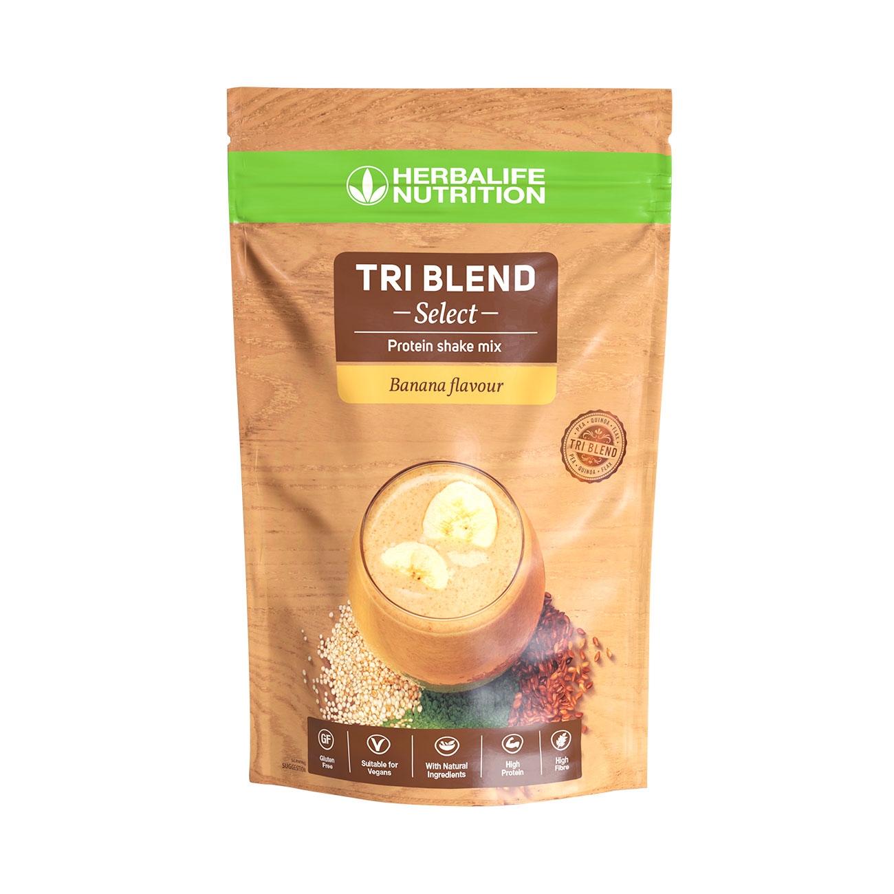 Tri Blend Select Banane    shake proteine, proteines 100  vegetales, melange de pois, de quinoa et de graines de lin. Riche en fibre, faible teneur en sucre.
