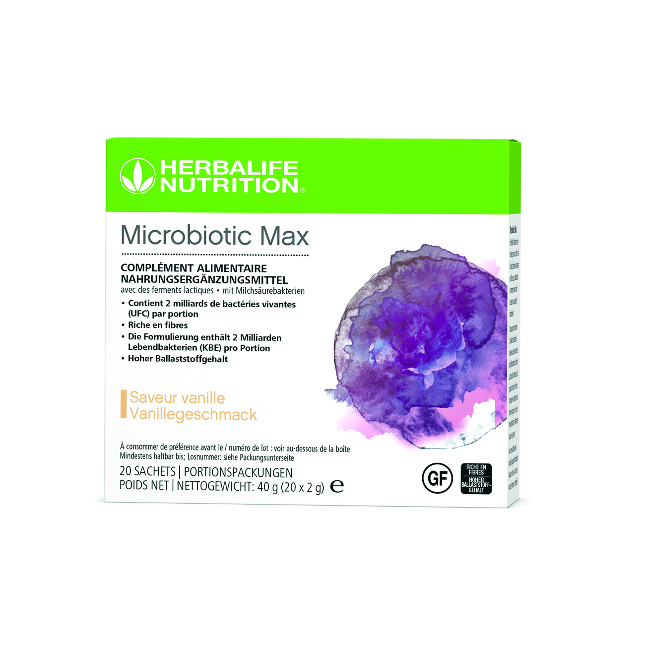 Microbiotic Max est un complement alimentaire en poudre formule avec des probiotiques et des fibres prebiotiques.