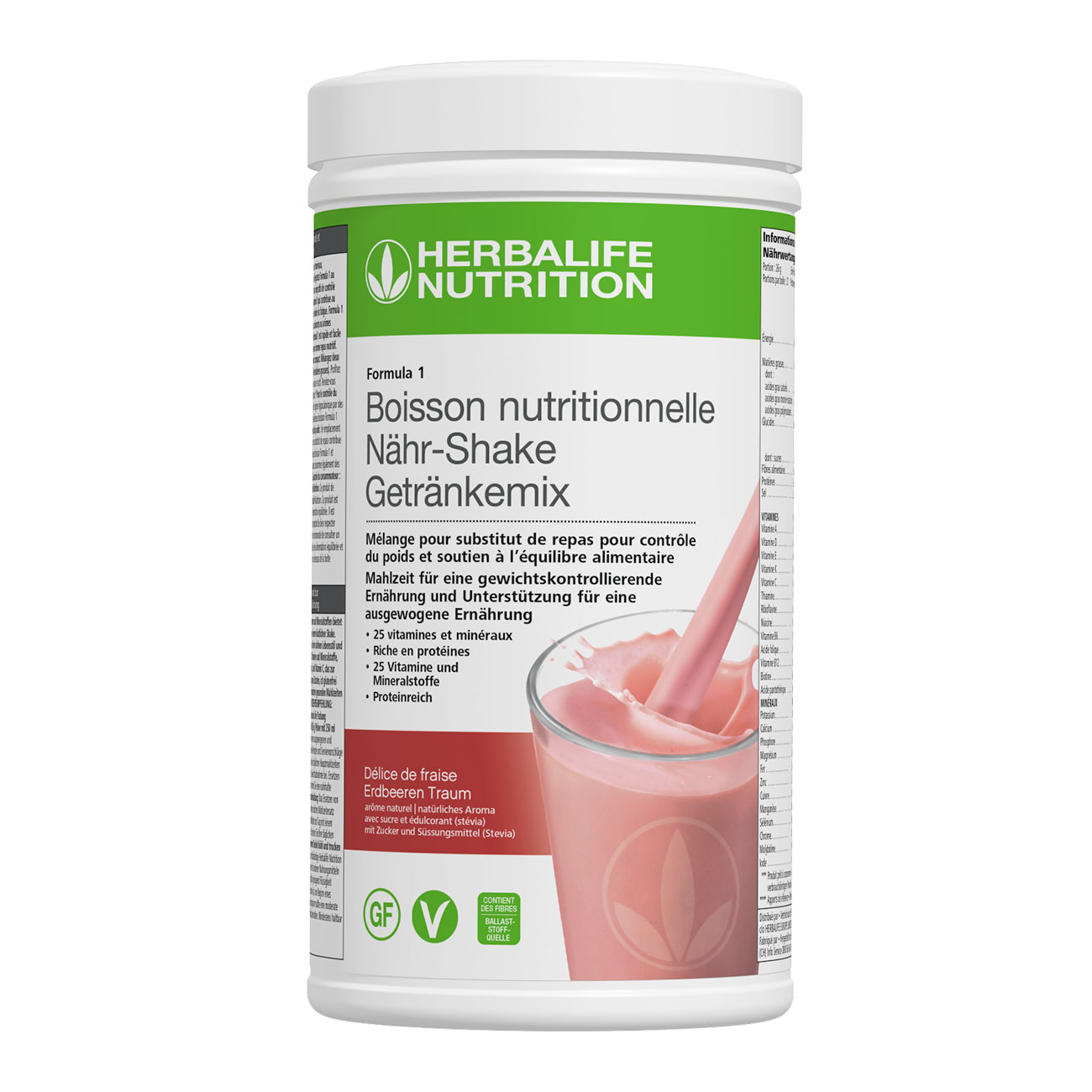 Formula 1 Délice de fraise  – un délicieux shake riche en protéines. Ingrédients vegan et sans-gluten. Un repas complet. 