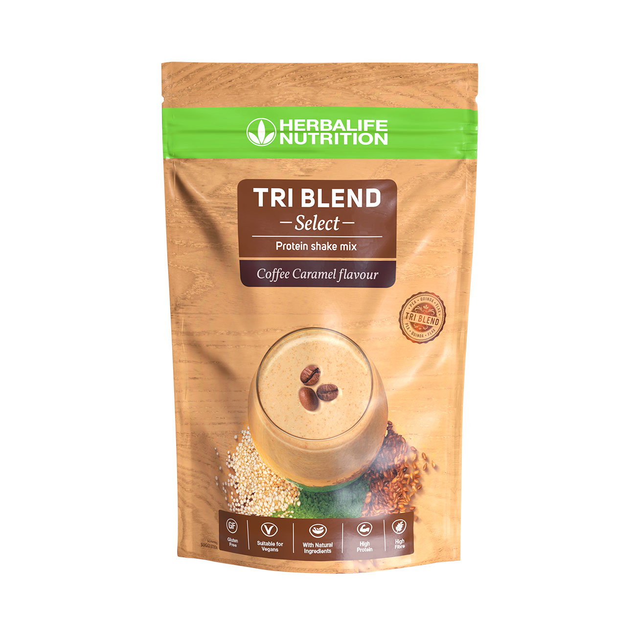 Tri Blend Select Cafe Caramel – shake proteine a base de proteines 100  vegetales : avec du pois, du quinoa et des graines de lin. Ingredients vegan naturels.