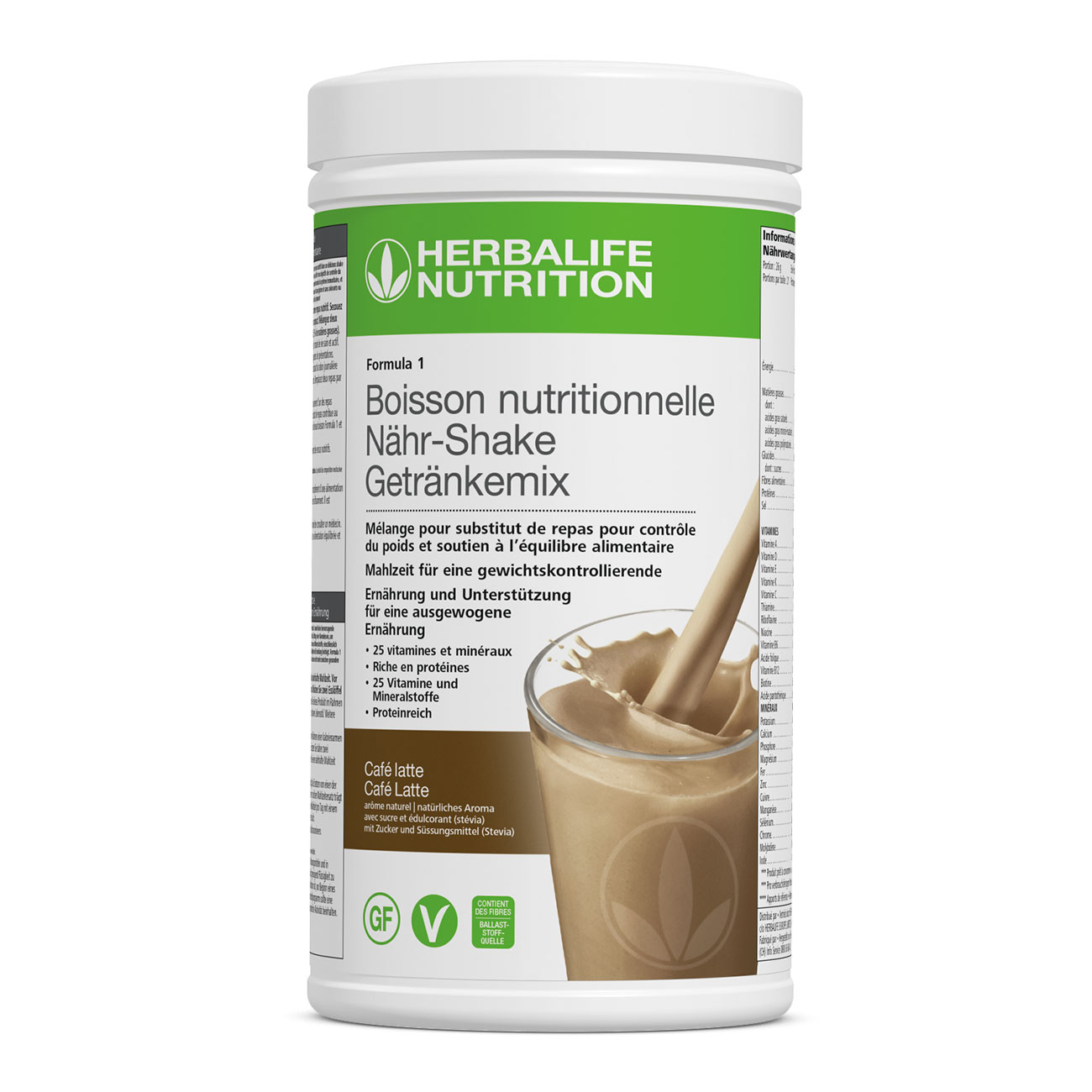 Formula 1 Cafe latte – un shake de substitut de repas riche en proteines pour le controle de poids. Ingredients vegan et sans gluten. Un repas complet.