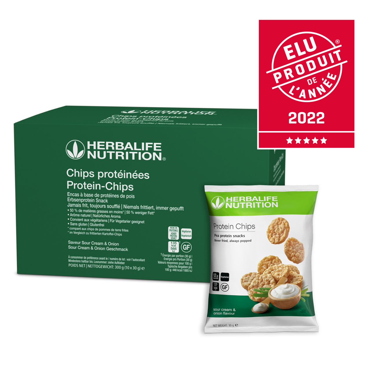 Les Chips Protéinées saveur Sour Cream Onion Herbalife Nutrition Elu Produit de l’Année 2022.