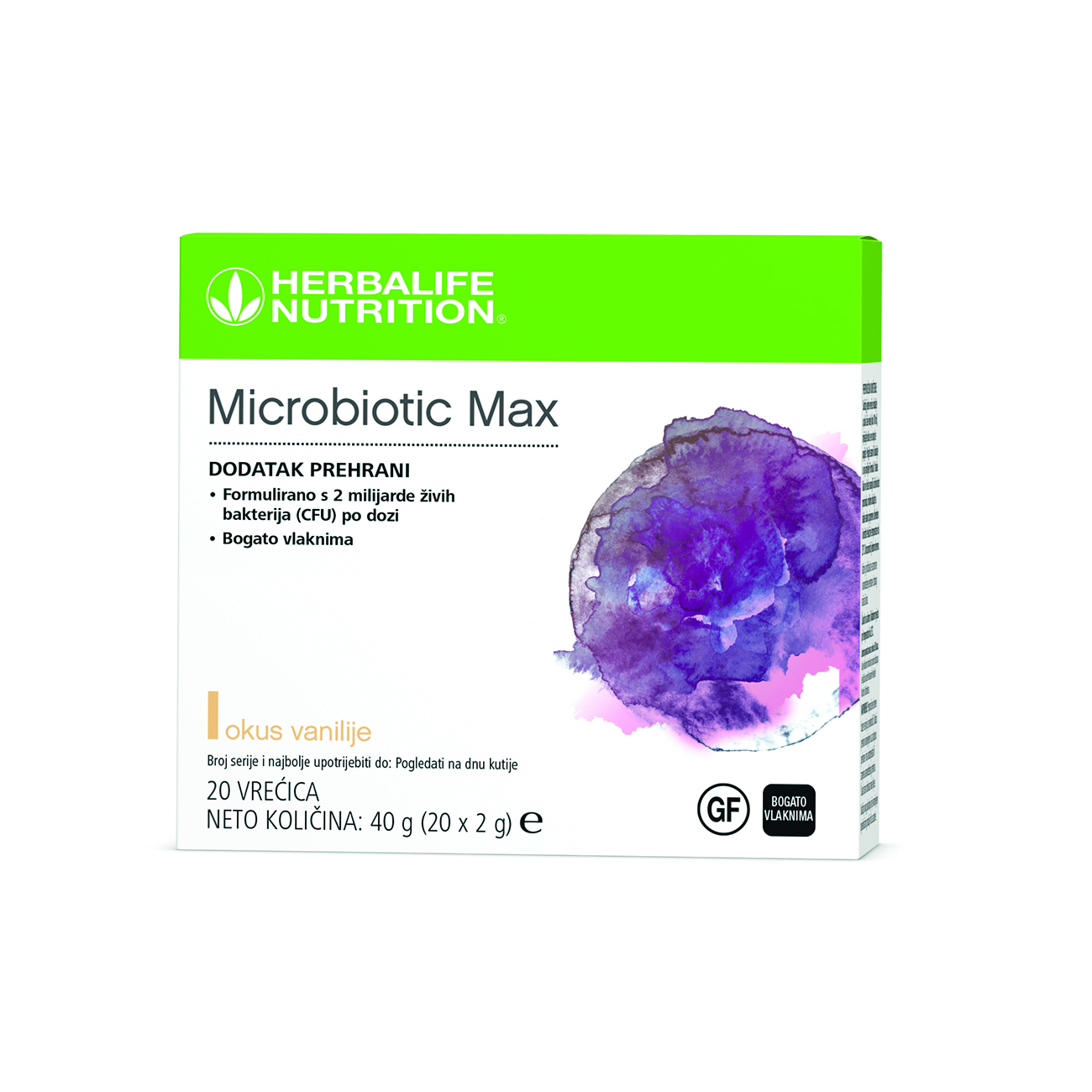 Microbiotic Max, dodatak prehrani u prahu, formuliran kako bi ponudio kombinaciju probiotika i prebiotičkih vlakana. 