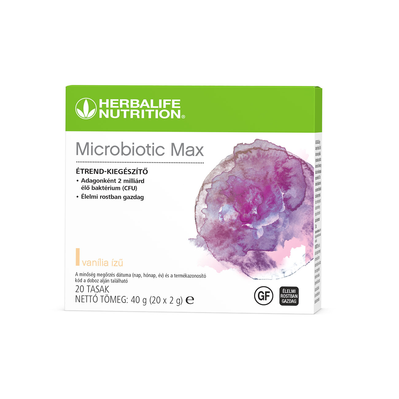 Microbiotic Max, por formájú étrend-kiegészítő, amely probiotikumok és prebiotikus rostok kombinációjával készült.