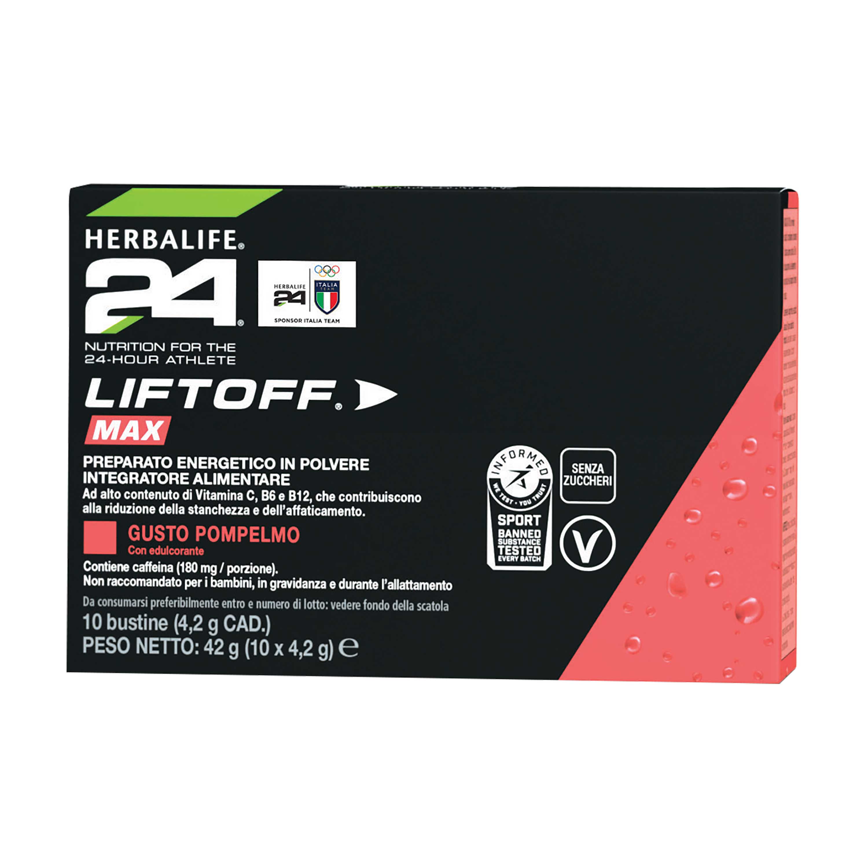 Herbalife24® LiftOff® Max è un integratore energetico senza zucchero contenuto in una confezione da 10 bustine singole ed è ottima da avere quando sei in movimento.