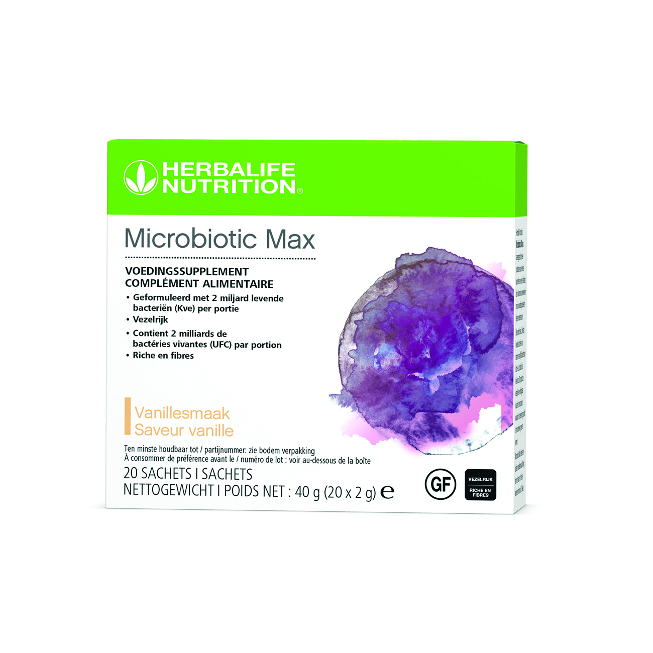 Microbiotic Max, voedingssupplement in poedervorm samengesteld met een combinatie van probiotica en prebiotische vezels.