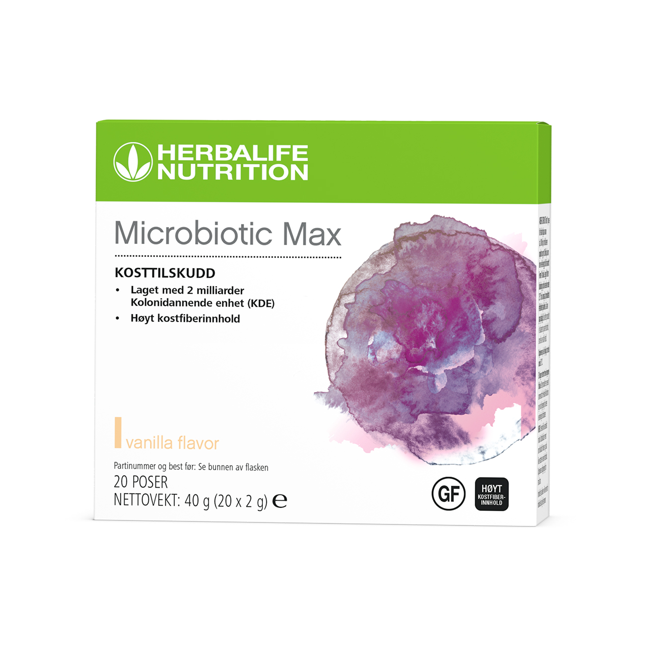 Microbiotic Max, kosttilskudd i pulverform formulert med en kombinasjon av probiotika og prebiotisk fiber.