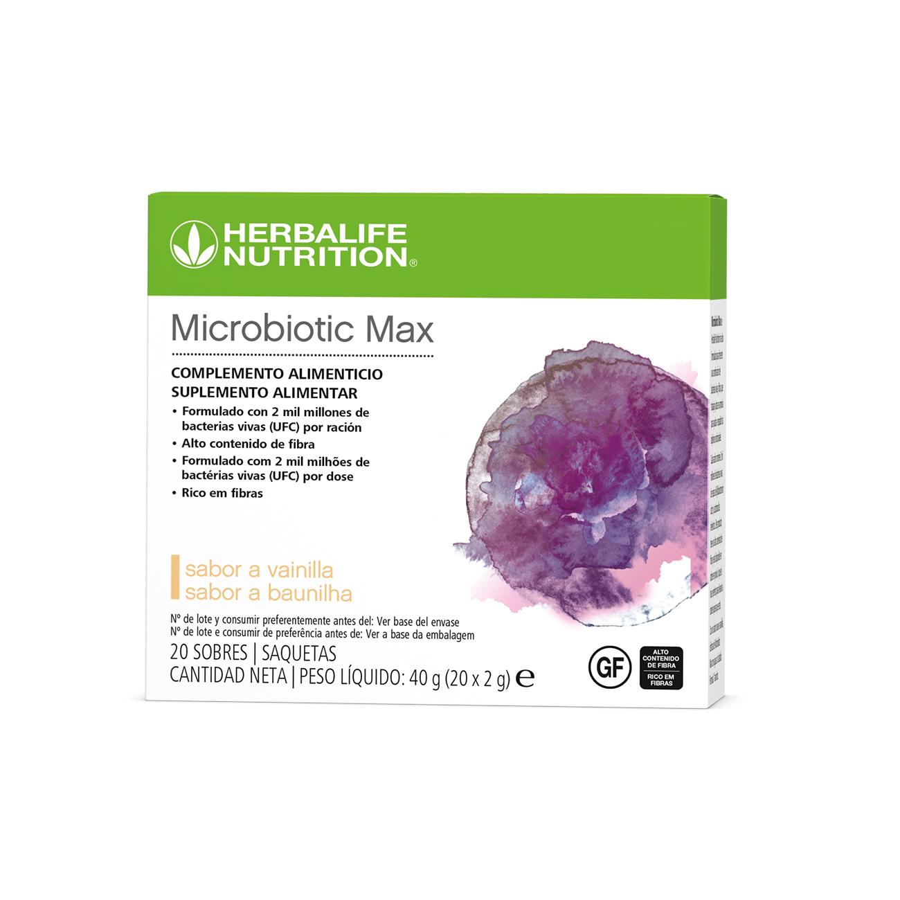 Microbiotic Max, suplemento alimentar formulado com uma combinação de probióticos e fibras prébióticas.