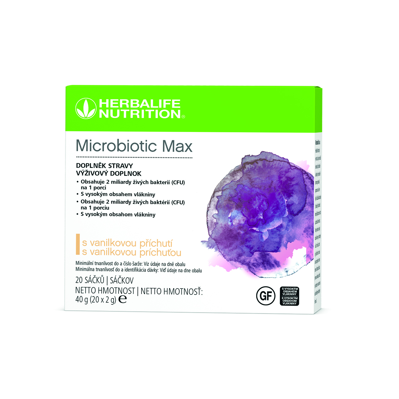 Microbiotic Max, výživový doplnok vo forme prášku ponúkajúci kombináciu probiotík a prebiotickej vlákniny.