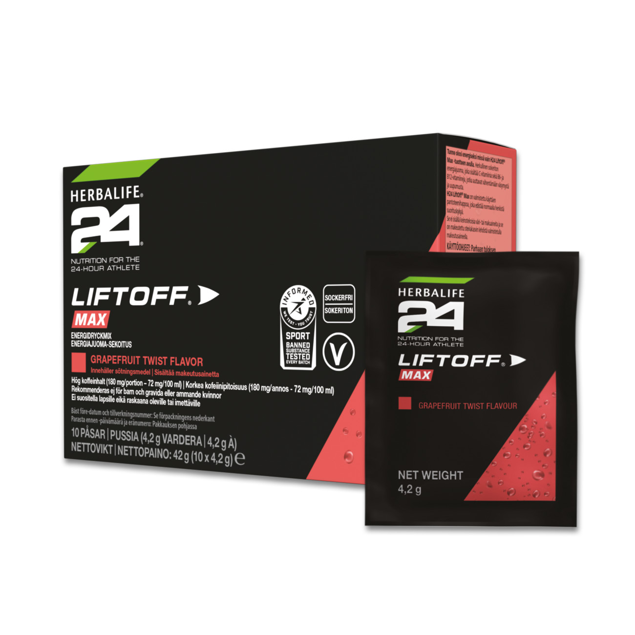 Herbalife24® LiftOff® Max är en sockerfri energidryck som kommer i en låda med 10 individuella påsar och är bra att ha när du är i farten.